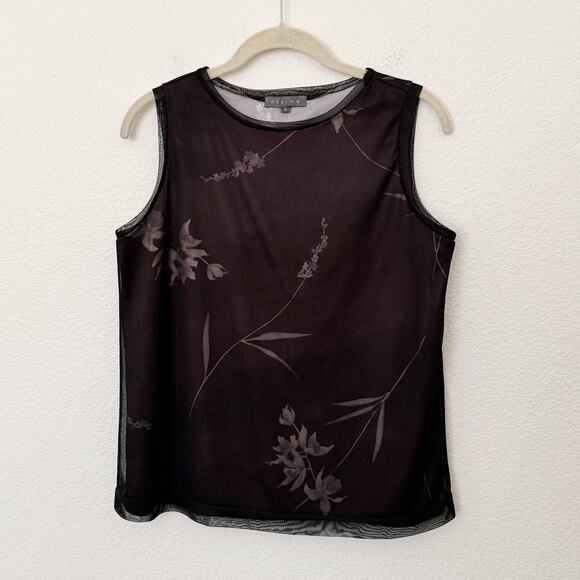 [Vintage] 90s Y2K Brown Black Mesh Crew Neck Floral Print Tank Top Size Small S - Picture 1 of 11
